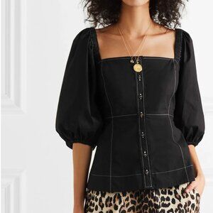 Ganni Puff Shoulder Square Neck Blouse
